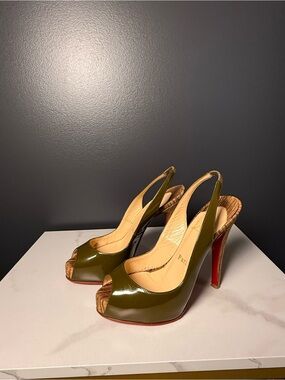 Christian Louboutin Olive Green Patent Peep-Toe Slingbacks